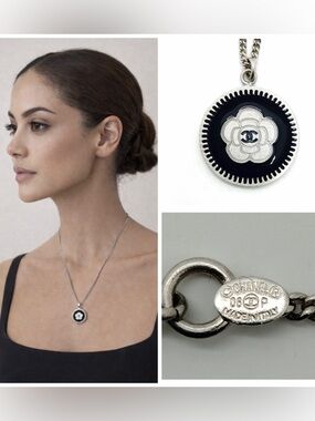 CHANEL CC Medallion Pendant Necklace Silver Tone Black Enamel